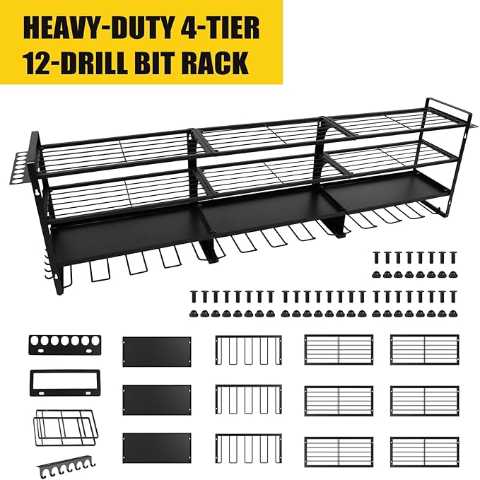 Wall Mount Power Tool Organizer, 4 Layer 12 Drill Hangers Storage Rack, Tool Organizers and Storage for Garage, Workshop, Pegboard, Shed - 50 inch