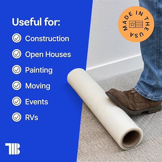 TapeManBlue Carpet Protection Film 36" x 200' roll. Made in The USA. Easy Unwind, Clean Removal, Strongest and Most Durable Plastic Carpet Protector. Clear, Self-Adhesive Surface Protective Film.