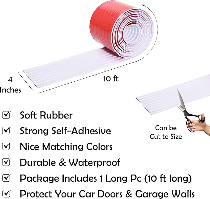 RUBBER BOND Garage Wall Protectors - 4in x 10ft Strong Self-Adhesive Rubber Bumper Protectors for Garage Walls - Heavy Duty, Waterproof and Anti-Scratch Garage Wall Protector for Car Doors (White)