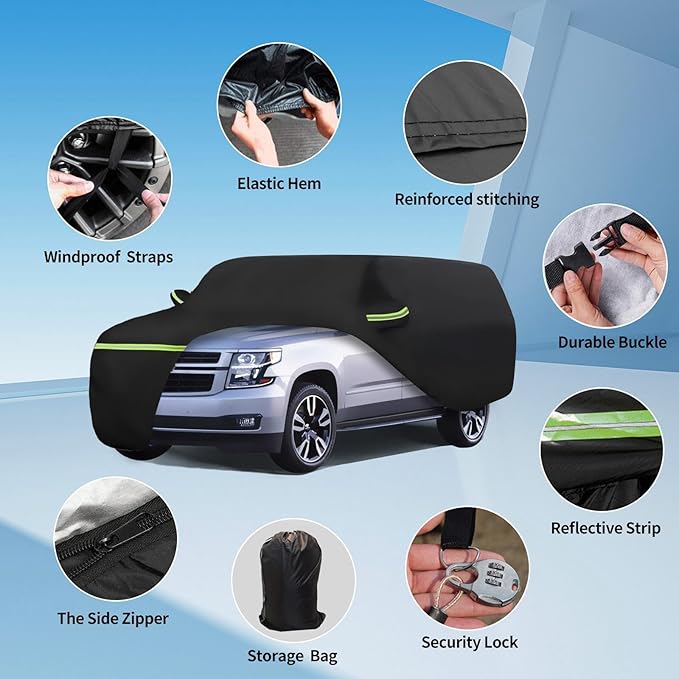 Waterproof Car Covers for 2007-2023 Chevy Suburban/GMC Yukon XL/Cadillac Escalade ESV(Black) 210T Custom 6 Layers Heavy Duty Waterproof All Weather Protection Outdoor