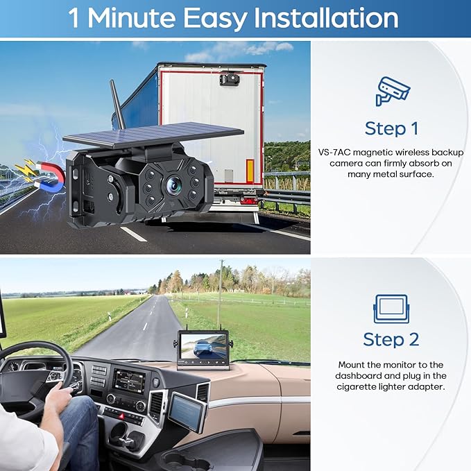 Magnetic Solar Wireless Backup Camera No Installation VASTEND 1080P 7'' RV Backup Camera with 10000mAh Rechargeable Battery for Box Truck Trailer Camper Car Caravan Rearview Reversing Camera (VS-7A)