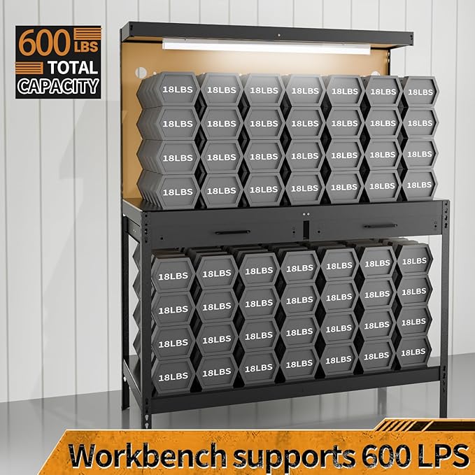 Work Bench, Work Benches for Garage, Work Table, A3 Steel 600LBS Capacity Workbench for Garage Tool Storage Workshop Basement, Tool Table Bench
