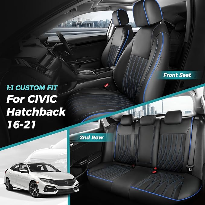 Seat Covers for Honda Civic Hatchback EX, Sport Touring, EXL 2016 2017 2018 2019 2020 2021, Faux Leather Car Seats Cover Full Set(Rear Row 40/60 Split & Folding Backrest)-BlackBlue