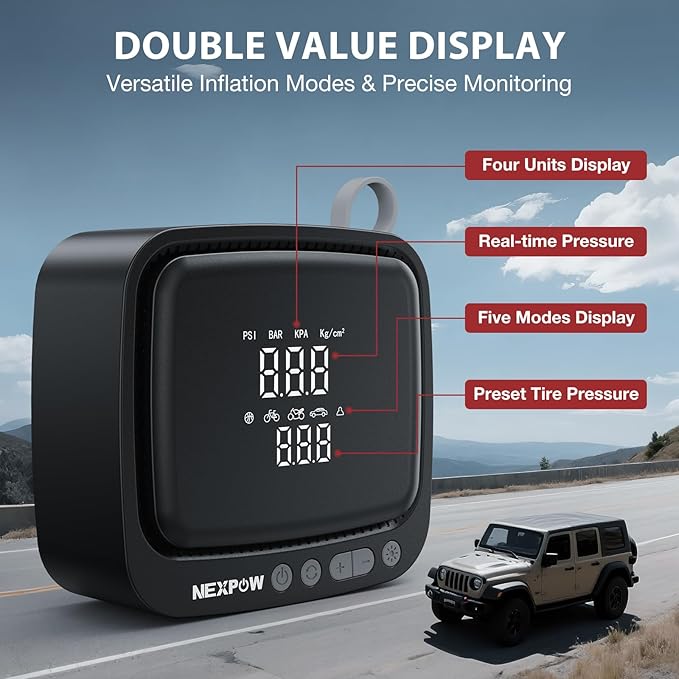 Tire Inflator Portable Air Compressor, NEXPOW 150PSI 12V DC Air Pump with Dual Digital Pressure Gauge & Auto Shut-Off, Air Compressor Portable with LED Light for Car, Motorcycle, Bicycle, Ball, Gray