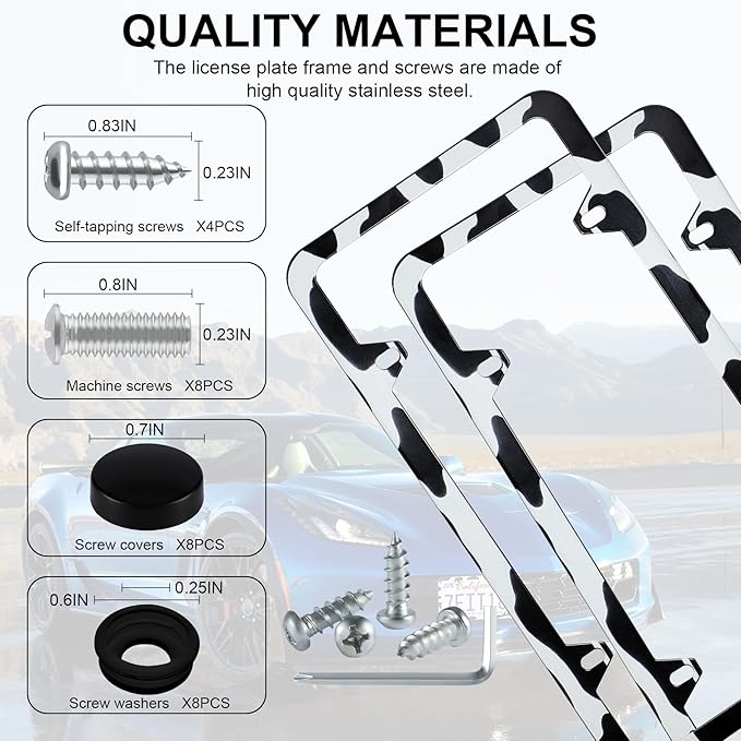 LivTee 4 Holes Stainless Steel License Plate Frames, 2 PCS Car Licence Plate Covers, Automotive Exterior Accessories Slim Design with Bolts Washer Caps for US Vehicles, Cow Spot