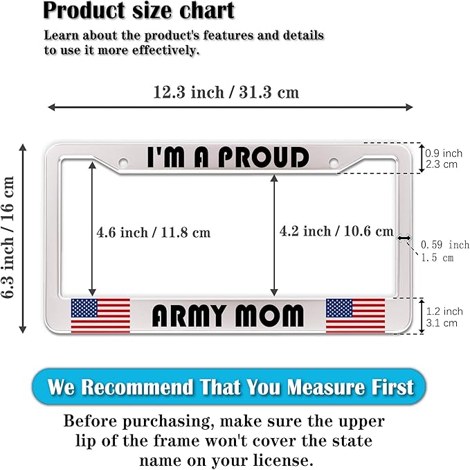 License Plate Frame Holder Black and White License Plate Frames I’m a Proud Army Mom Universal Aluminum Car Accessory 2 Pack with Screw Covers Set
