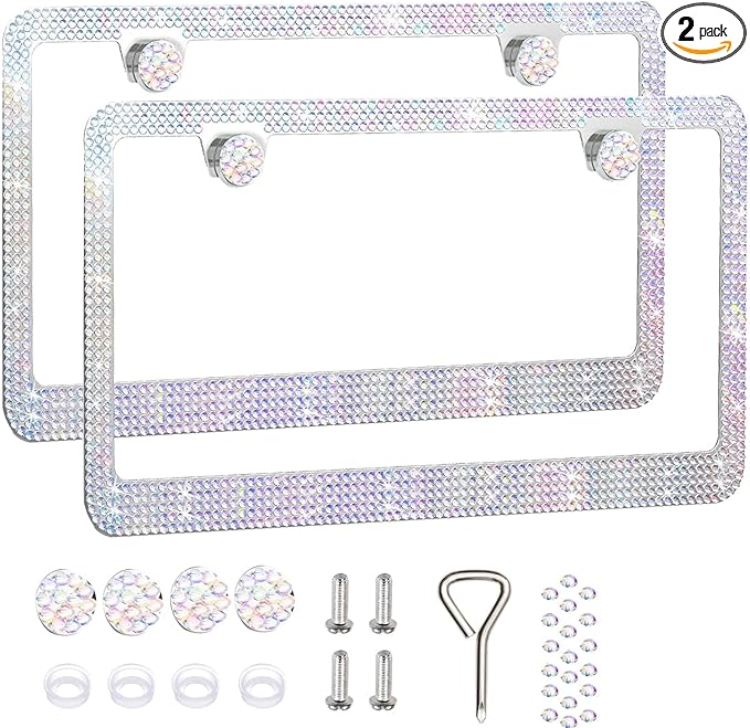 2 Pack License Plate Frames for Women, Sparkly Rhinestone Diamond Car Accessories with Glitter Crystal Caps (Colorful (2PCS))