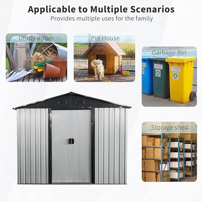 4x8 FT Outdoor Storage Shed, Metal Garden Shed with Frame Floor, Outside Tool Shed with Window, Waterproof Storage Building with Lockable Sliding Doors & Sloped Roof for Backyard, Patio, White+Black