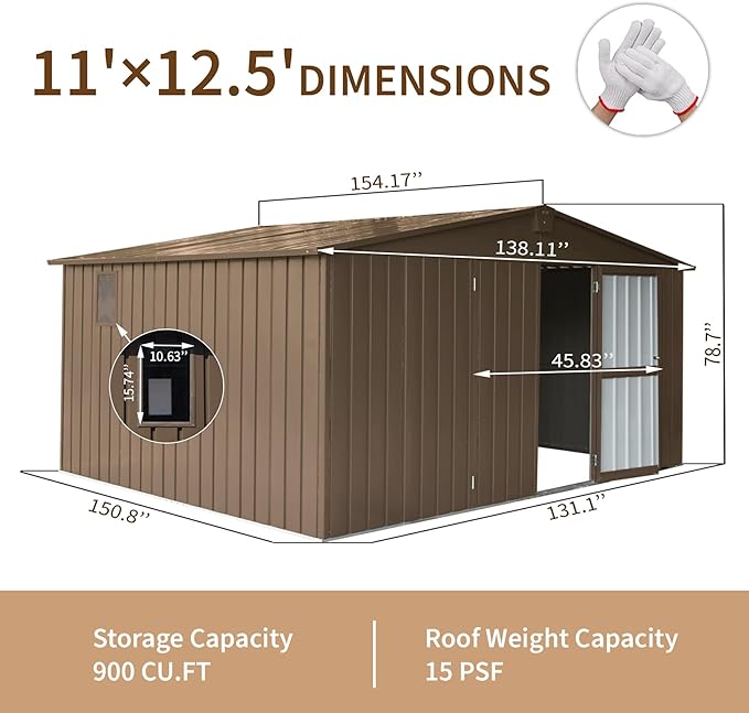 IKERY Extra - Large Galvanized Steel Storage Shed - 11' x 12.5' with Windows and Lock, Garden and Utility Tool Shed for Backyard and Patio, Brown