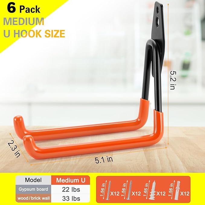 6 Pack Garage Hooks Heavy Duty Storage Organizer Wall Mount Power and Garden Tool Hangers, for Hanging Ladders, Ropes, Hose, Bulk Items