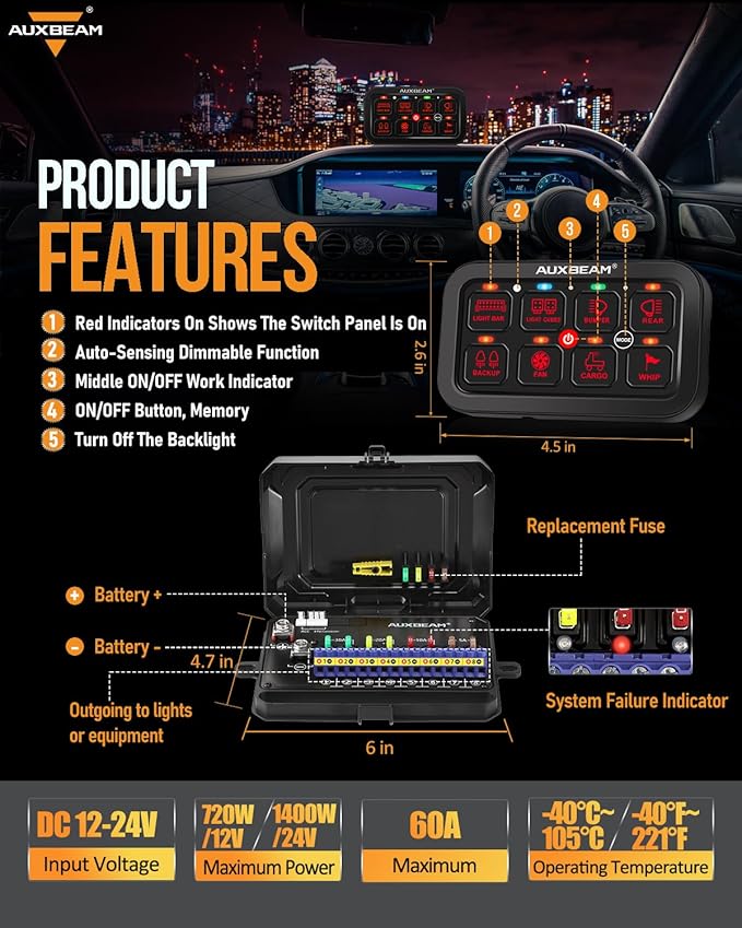 Auxbeam 8 Gang Switch Panel RA80 Toggle Momentary Pulsed RGB Dimmable Multifunction Switch Panel Easy Installation Marine Switch Pod IP65 Waterproof for Car Boat RV, 2 Years Warranty