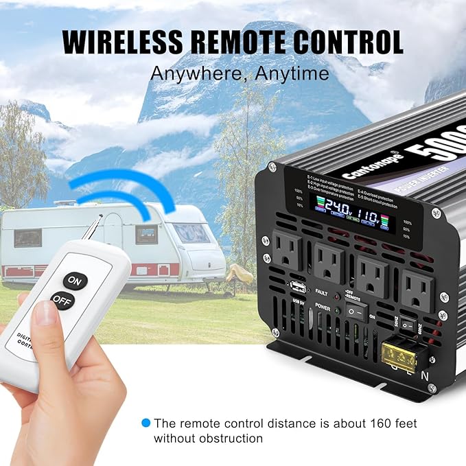 5000W Power Inverter 24V to 110V/120V DC to AC with LCD Display, Remote Controller and 4 x AC Outlets Car Adapter for Car Truck Boat RV Off Grid Solar System