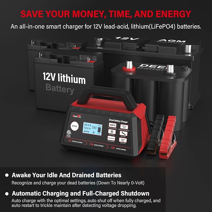 TowerTop 3/15/25 Amp Car Battery Charger, 12V Fully Automatic Smart Battery Maintainer with Engine Start, Auto Desulfator, Battery Repair, for All Lead-Acid and LiFePO4 Batteries