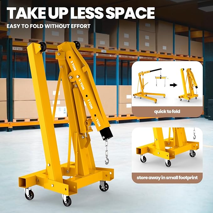 2 Ton Engine Hoist with Leveler 4409 LBS Folding Cherry Picker Engine Hoist, Heavy Duty Hydraulic Engine Crane with 8 Ton Hydraulic Pump and 6 Casters, Engine Hoist Lever for Engine Lifting Loading