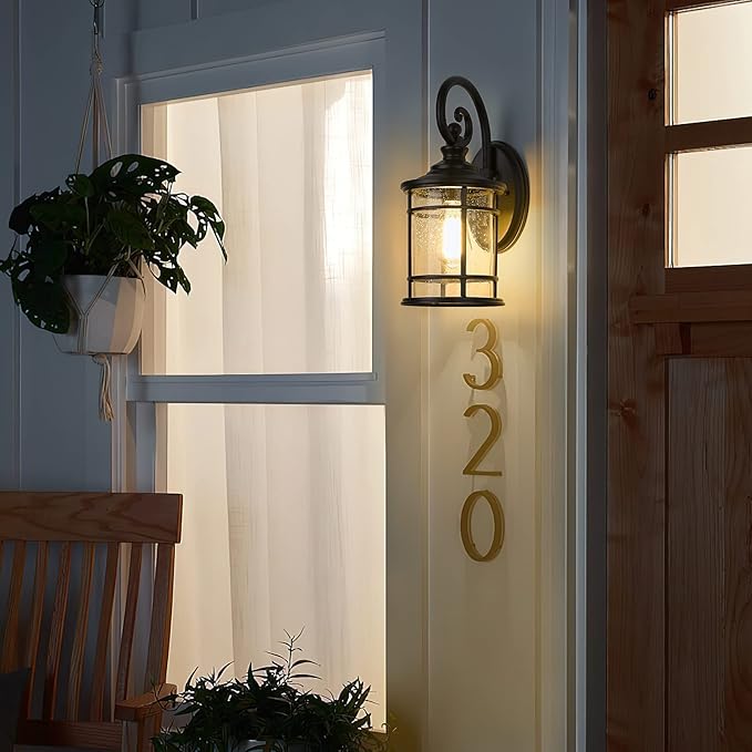 Emliviar Modern Outdoor Wall Lantern - Exterior Carriage Light for Garage Front Porch with Seeded Glass Shade, 15.5 Inch Height, Black Finish, XE229B BK