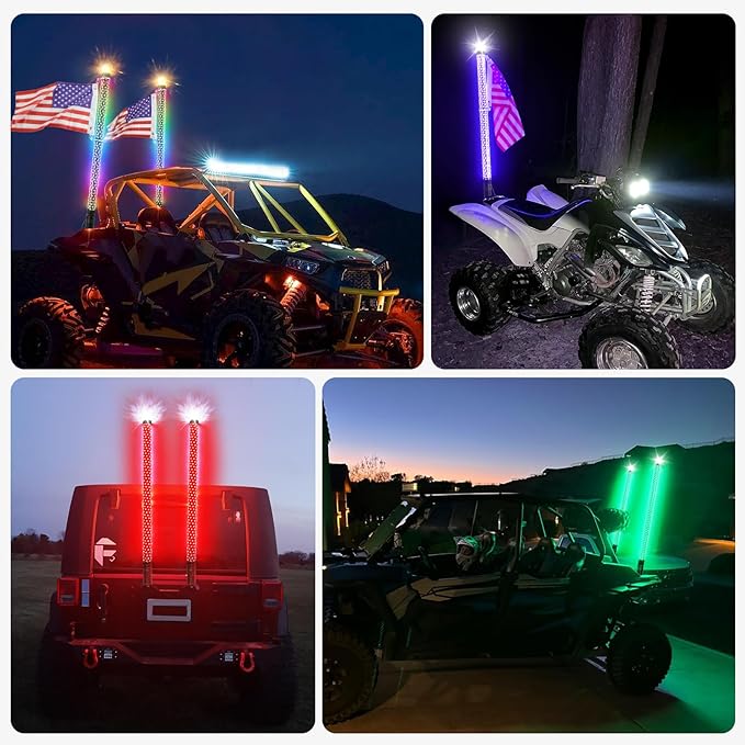 2Pack 2FT Fat Whip Lights,LED Whip Lights with Strobe Light Spiral RGB Chasing Lighted Antenna Whips W/App & Remote Control Music Whip Light for UTV ATV RZR Polaris SXS Can-Am X3 Off-Road Truck