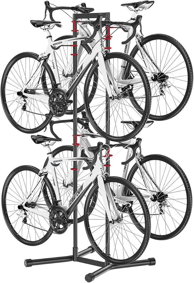 teraysun Indoor 4 Bike Storage Rack, Adjustable Arm Hook for Mountain, Road Bicycles, Beach Cycle, and Fat Tire Bikes, Freestanding Mount Home & Garage Vertical Bike Floor Stand Hold Up to 154lbs
