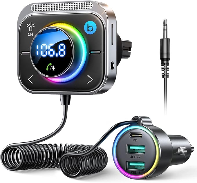 JOYROOM 66W Bluetooth 5.4 Car Adapter Aux with 3 Charging Ports【PD 30W & 2 * 18W】【Air Vent Installation for Safe】 Deep HiFi Bass Player Wireless Radio FM Transmitter for Car with Colorful LED Light