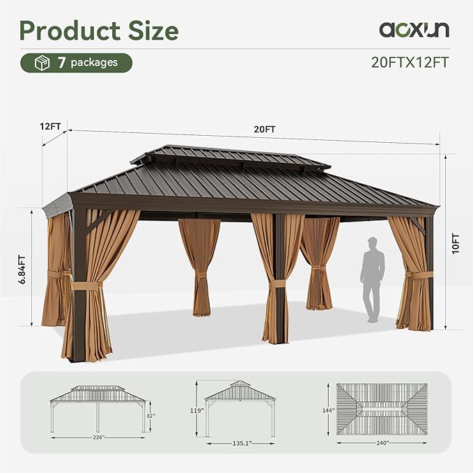 Aoxun 12' X 20' Permanent Hardtop Gazebo Aluminum Gazebo with Galvanized Steel Double Roof for Patio Lawn and Garden, Curtains and Netting Included, Brown