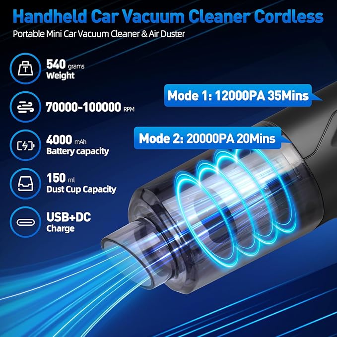 Handheld Car Vacuum Cleaner Cordless, High-Power Brushless 20000PA Mini Hand Held Cleaner with 8 Multi-Functional Nozzle & 2 Replaceable Filters, Portable Vacuum Cleaner for Car Office Pet Hair