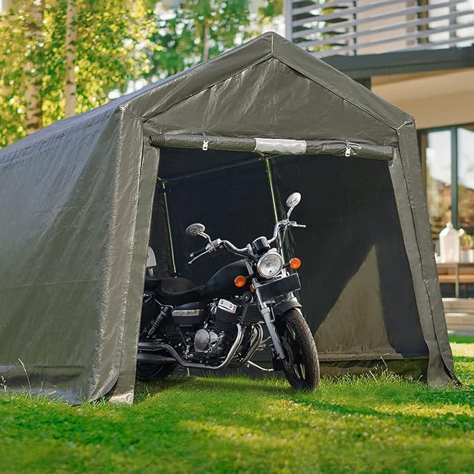 ADVANCE OUTDOOR 8X14 ft Steel Metal Peak Roof Portable Garage Shelter Storage Shed Carport for Motorcycle Bike or Garden Tools with 2 Roll up Doors & Vents, Gray