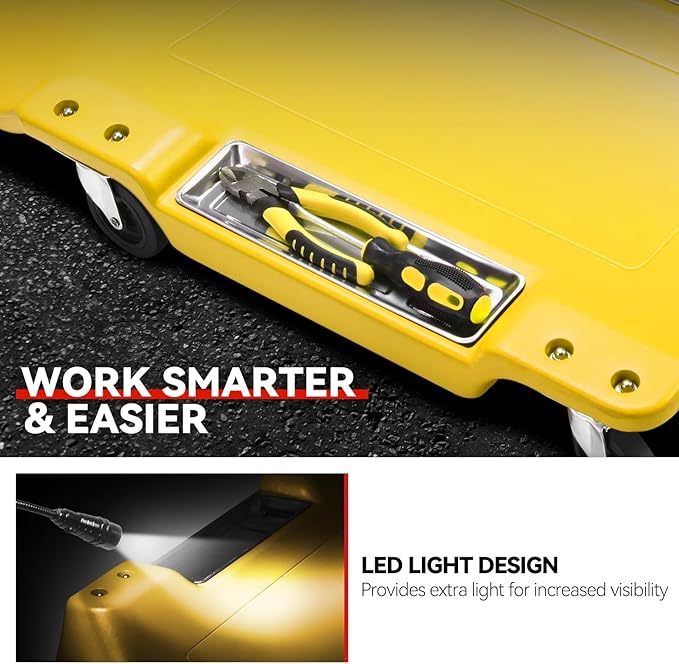 Auto Dynasty 40 Inches Mechanic Creeper, Automotive Garage Repair Low Profile Under Car Rolling Creeper with LED Light and Padded Headrest, Plastic, Yellow