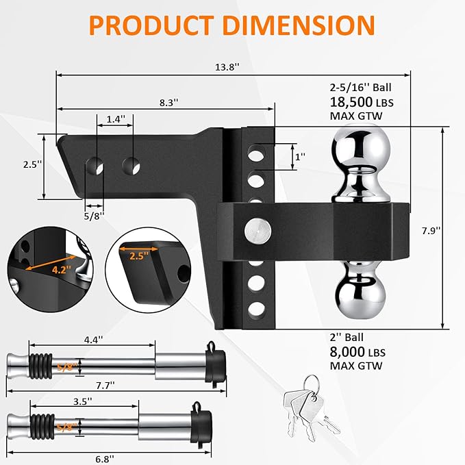 Adjustable Trailer Hitch-Drop Hitch Fits 2.5-Inch Receiver -6" Drop/Rise Tow Hitch with 2" and 2-5/16" Tow Balls-18,500GTW with Double Anti-Theft Pins Locks, Black