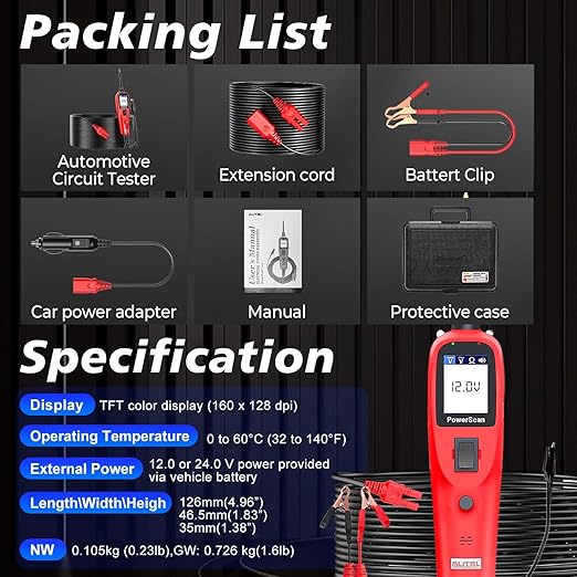 Autel PowerScan PS100 Power Circuit Probe Tester, Breaker Finder, 12V 24V Automotive Electrical Diagnostic Tool with 20ft Extension Cable, AVOmeter, Test Light, Continuity Checker, for 99% Cars