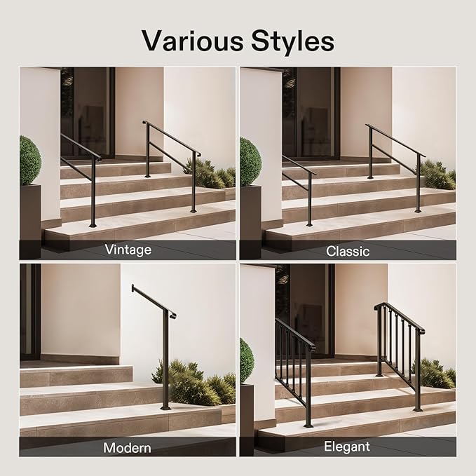 VIVOSUN 2-Pack Outdoor Handrail, 5 Step Stair Handrail, 69" x 36" Fits 1 to 5 Steps, Wrought Mattle Iron Handrail for Concrete Steps, Porch Steps, One-Step Assembly, 2 Packs, Black