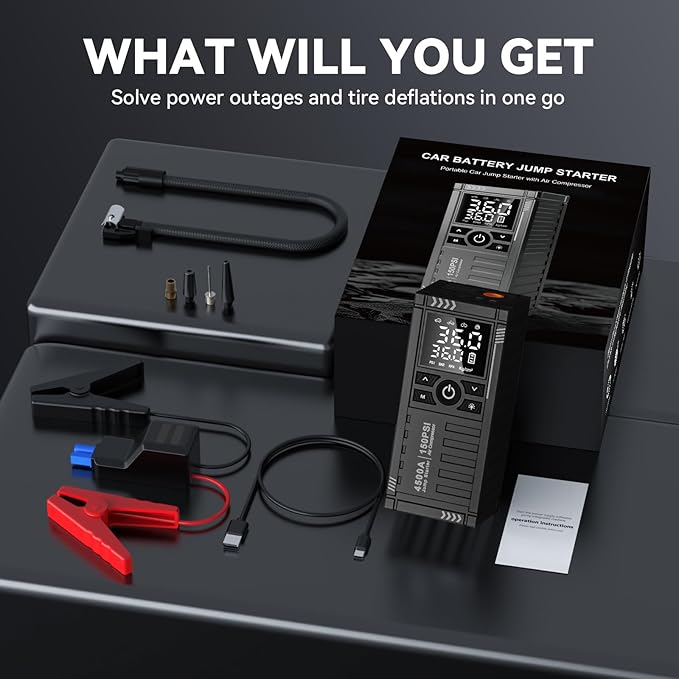 Car Battery Jump Starter with Air Compressor - 4500A 150PSI Portable Car Jump Starters (All Gas/9L Diesel) with Tire Inflator, 12V Car Battery Jump Box with Jumper Cables, LCD Display, LED Light