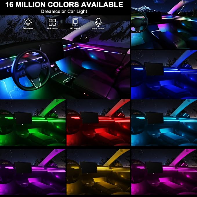Dream+Color Acrylic Interior Car LED Strip Light with Wireless APP, RGB 18 in 1 with 175 inches 593 LEDs Fiber Optic Strip Lights for Car, Dynamic Chasing Music Sync Neon Ambient Lighting Kits