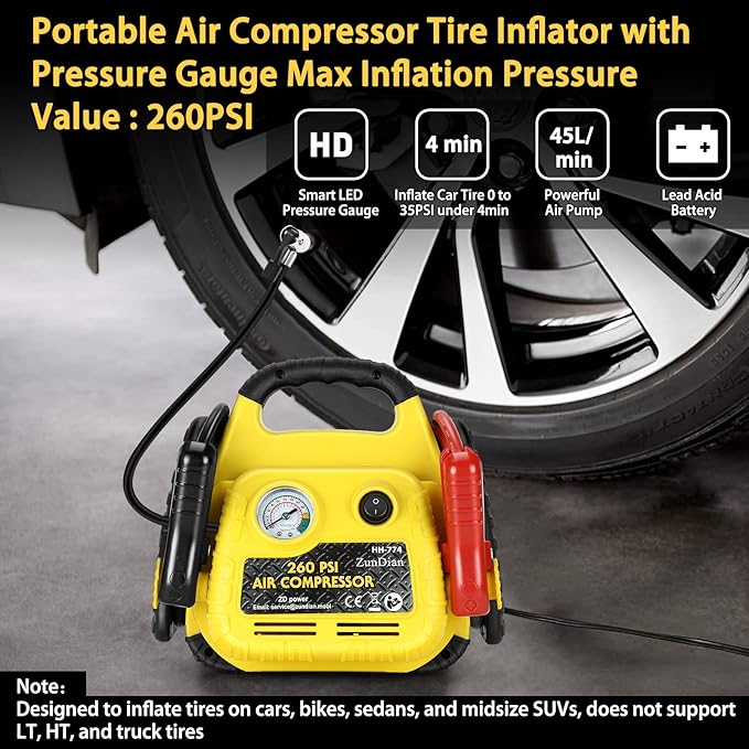 Jump Starter with Air Compressor 260PSI, 1000A Portable Car Jump Starter, 4-in-1 Battery Booster Pack for Vehicles(3L Gas/Diesel), Safety Jumper Cable with USB/DC Port