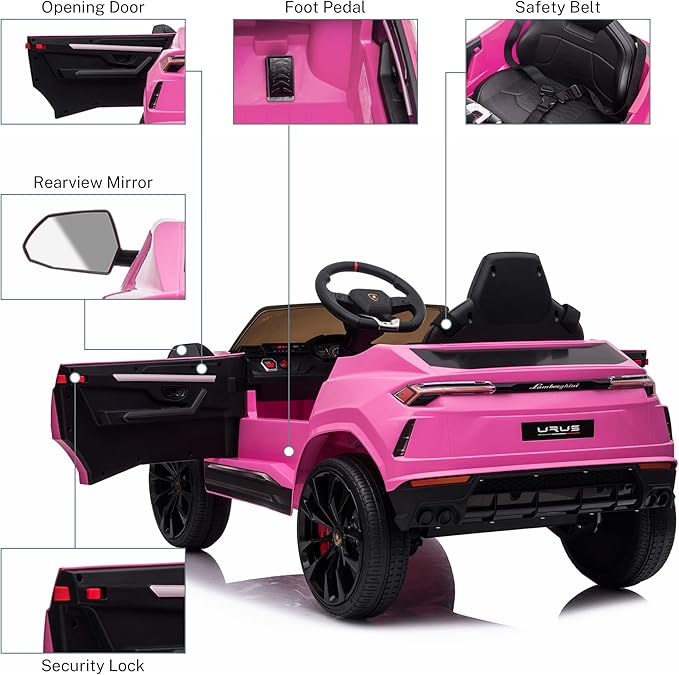 Kids Electric Ride On Car for Kid, 12V Licenced Lamborghini Kids Electric Vehicles with Remote Control, AUX, Spring Suspension, Music, LED Lights, USB Port, Foot Pedal (Pink)