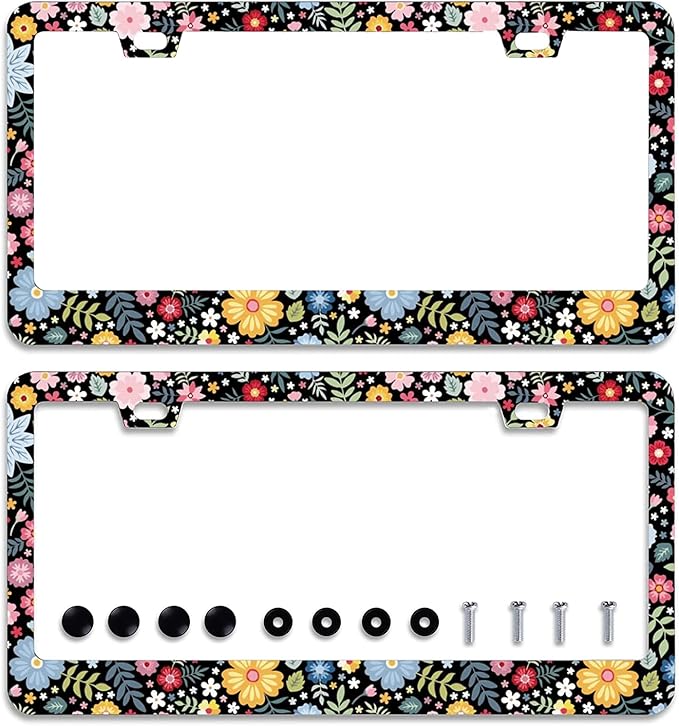 2Pcs Colorful Floral Flowers License Plate Frame Personalise Cute License Plate Frames Car License Plate Accessories Screws Decor for Standard Us Canada License Plate Holder 12"x6"