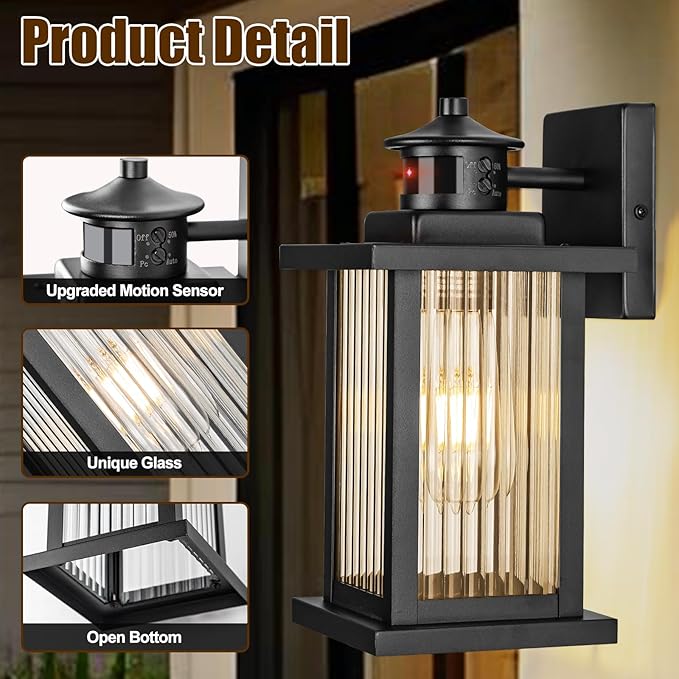 Porch Lights Outdoor Motion Sensor 2 Packs, Black Dawn to Dusk Outdoor Wall Light Fixture, Exterior Motion Sensor Light with Glass Shade, Rust Proof Motion Sensing Front Porch Light