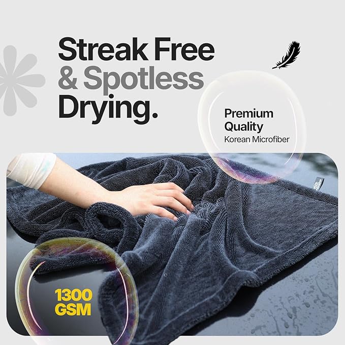 Crystal Clean 1300GSM Microfiber Towels for Cars – XL Drying Towel 2-Pack (24x36 & 12x12) with Double Twisted Loop, Professional Detailing Towel Car Detailers - Quick Dry, Paint Safe & Swirl-Free