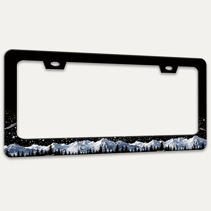 Snow Mountains License Plate Frame Starry Sky Mountain Forest License Plate Holders Funny Stainless Steel Auto Accessory Bracket 2 Hole with Screws for US Vehicles 6x12 Inch