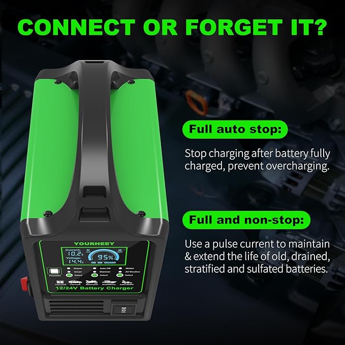 12V/24V Car Battery Charger Heavy Duty, 0-15A Automatic Battery Maintainer with Auto Shutoffs,Repair&Winter Mode,Fast/Slow Rates,Smart Trickle Charger and Desulfator,for Boat Motorcycle Lawn Mower