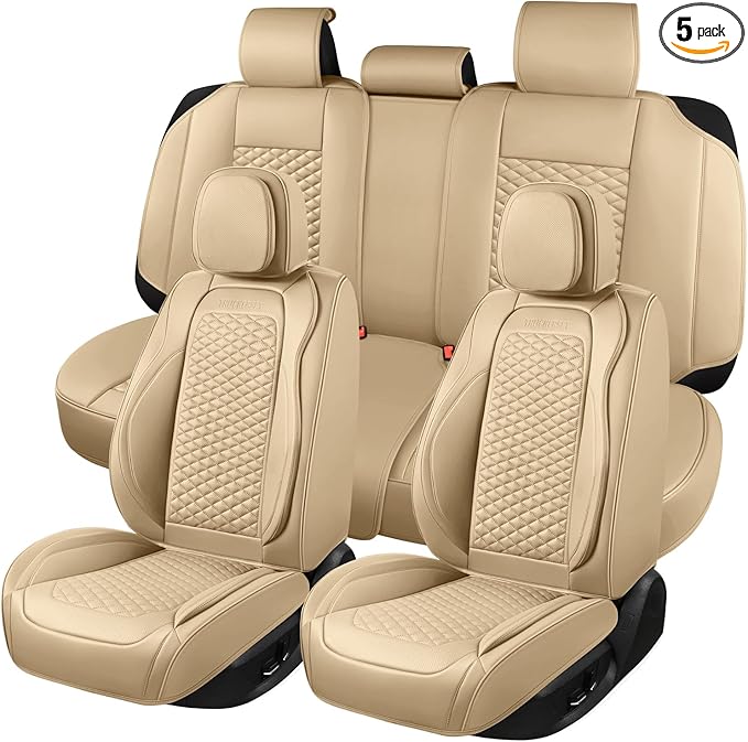 Car Seat Covers Full Set Leather Seat Covers Automotive Seat Covers Universal Car Seat Cover for Most Cars Beige