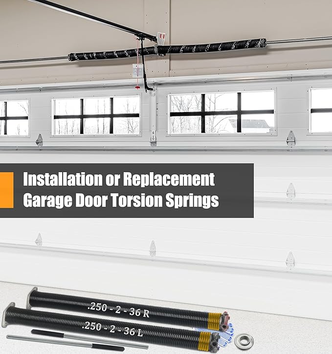 Garage Door Torsion Springs Set, Pair of 2" ID Electrophoresis Coated Garage Door Spring Replacement with 2 Non-Slip Winding Bars and Bearing, Minimum 18000 Cycles (.250x2x36)