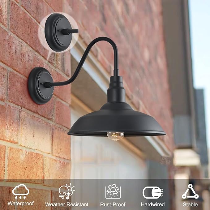 14in Outdoor Gooseneck Light Fixture for Porch, Large Exterior Barn Light with Wall Mount, Black Industrial Lighting Fixture for Farmhouse Garage Patio