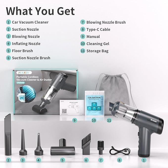 2-in-1 Car Vacuum&Air Duster,80W/16kpa/12KRPM/30 Mins,High Powerful Dust Cleaner Portable Cordless Vacuum Pro,Compressed Air Blower,Lightweight Rechargeable Handheld Mini Vacuum for Car/Home/Office