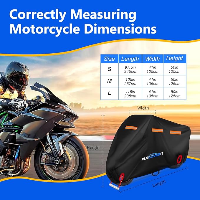 Motorcycle Cover, 600D Heavy Duty Waterproof Motorbike Cover, Dustproof Motorcycles Vehicle Cover Scooter Shelter Protection with Reflective Strips & Storage Bag 97.5" x 41" x 50"