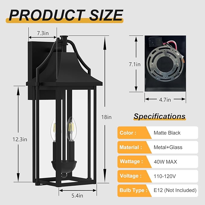 𝟏𝟖𝑰𝑵 Outdoor Wall Sconce Fixture, Dusk to Dawn Patio Lights Waterproof Exterior Lanterns, 2-Light Modern Wall Light Mounted with Glass, Black Outside Lights for House Front Door Entryway