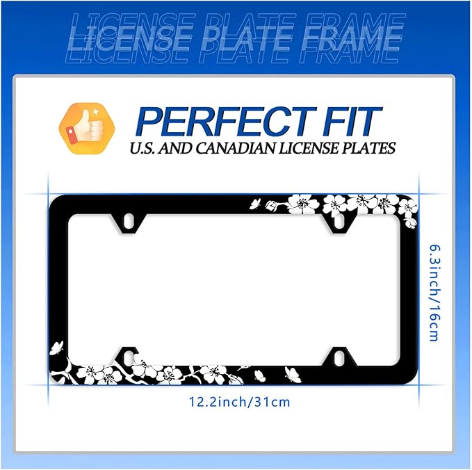 【2Pcs】 Black White Cherry Blossoms License Plate Frame Floral Flowers License Plate Stainless Steel Parts Colorful License Plate Decorative with Screws Size 12.3" x 6.3" Men Women