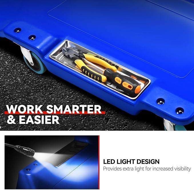 Auto Dynasty 40 Inches Mechanic Creeper, Automotive Garage Repair Low Profile Under Car Rolling Creeper with LED Light and Padded Headrest, Plastic, Blue