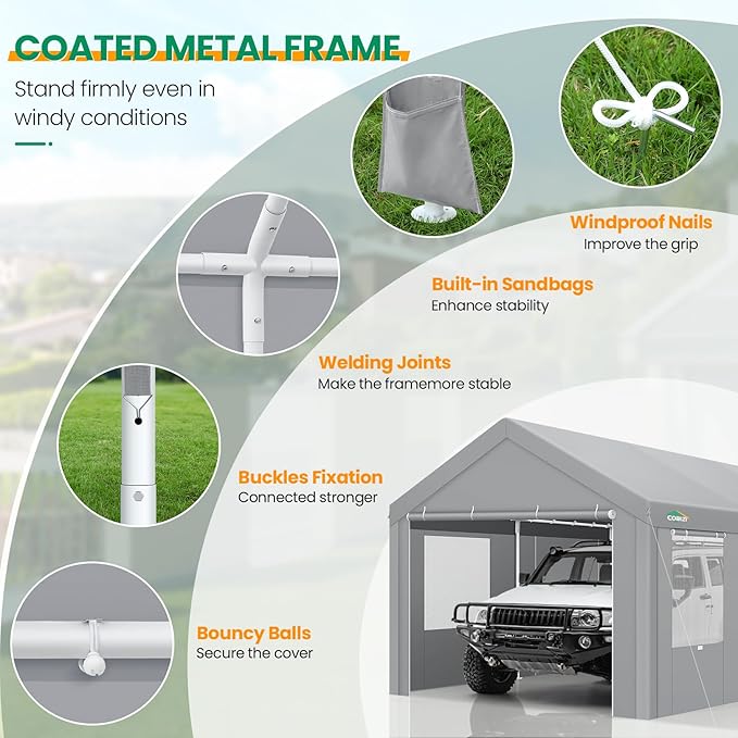 COBIZI Carports 10x20 Heavy Duty Car Canopy Garage with Removable Sidewalls & Doors, Galvanized Frame Portable Carport Canopy with Built-in Sandbags & All-Season Tarp for Car Boat Truck, Gray