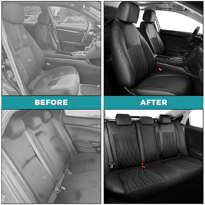 Seat Covers for Honda Civic Sedan EX-L, EX-T, EX, Touring, LX-P, Sport 2016 2017 2018 2019 2020 2021, Faux Leather Car Seats Cover Full Set(Rear Row 40/60 Split & Folding Backrest)-Black