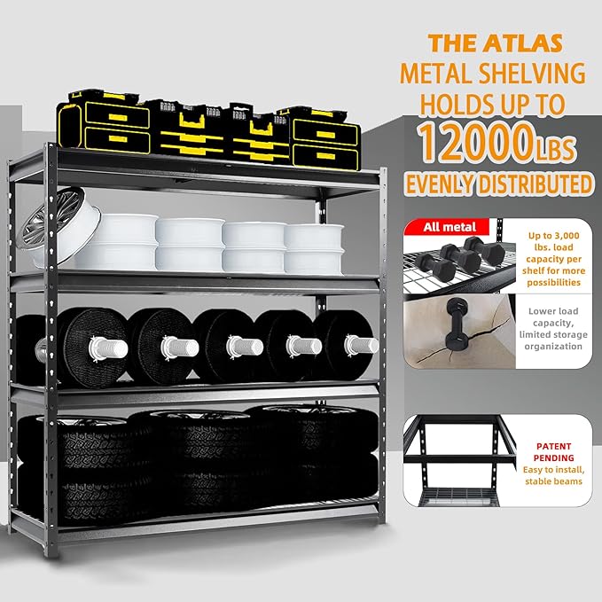 The Atlas 72" W Metal Garage Shelving Unit Load 12000 Lbs, 4 Tier Heavy Duty Storage Rack, Adjustable Industrial Shelves for Warehouse Shop Basement, 72" W x 24" D x 72" H, Black