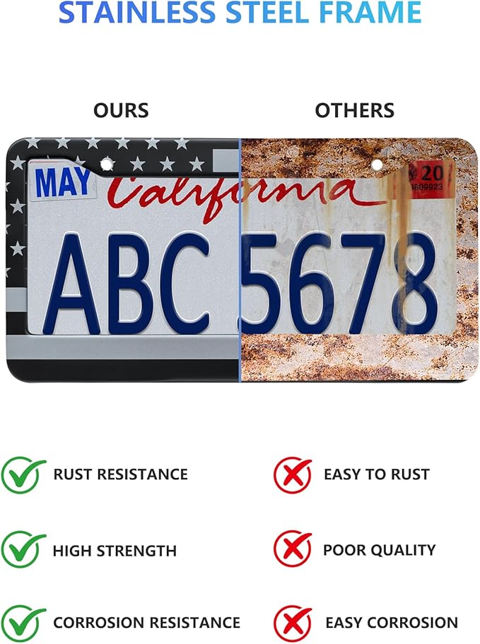 American Flag License Plate Frames - 2 Pack Black Stainless Steel Front Rear Car Tag Frames Printed with Patriotic USA Flag Pattern, with Decals Screws Caps